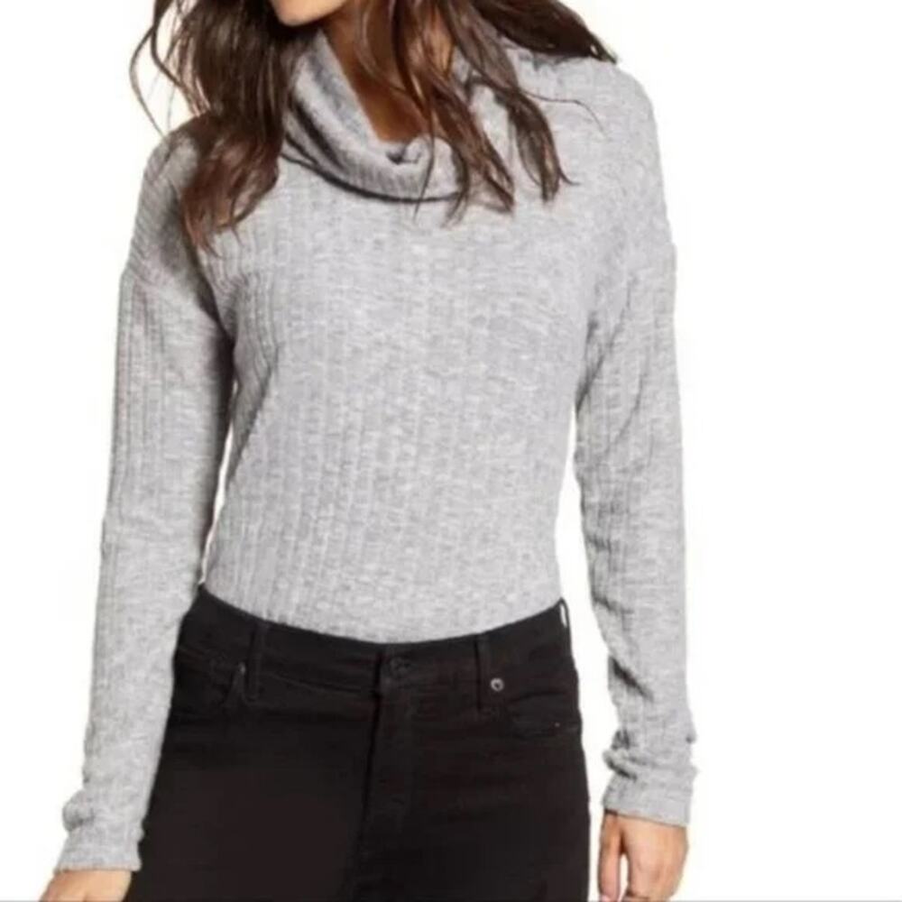 BP Womens Rib Knit Cowl Neck Long Sleeve Soft Stretchy Sweater Sz Large Gray NWT
